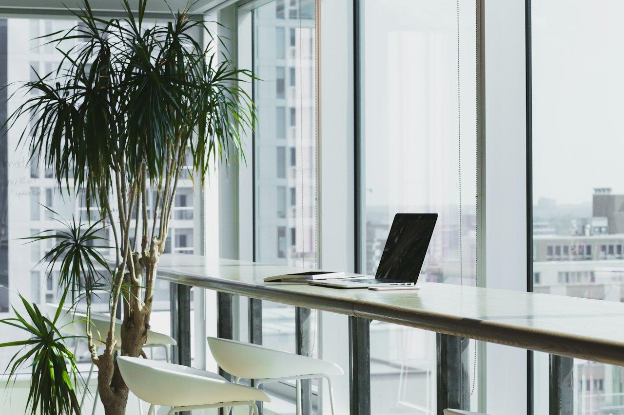 Quiet modern office with plants and desks